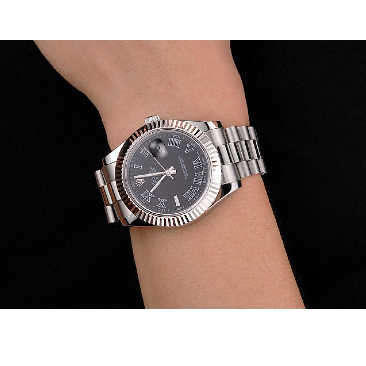 Aaa replica watch Dial Datejust Stainless Rolex Steel Case And Black Numerals Roman Bracelet Swiss 0516